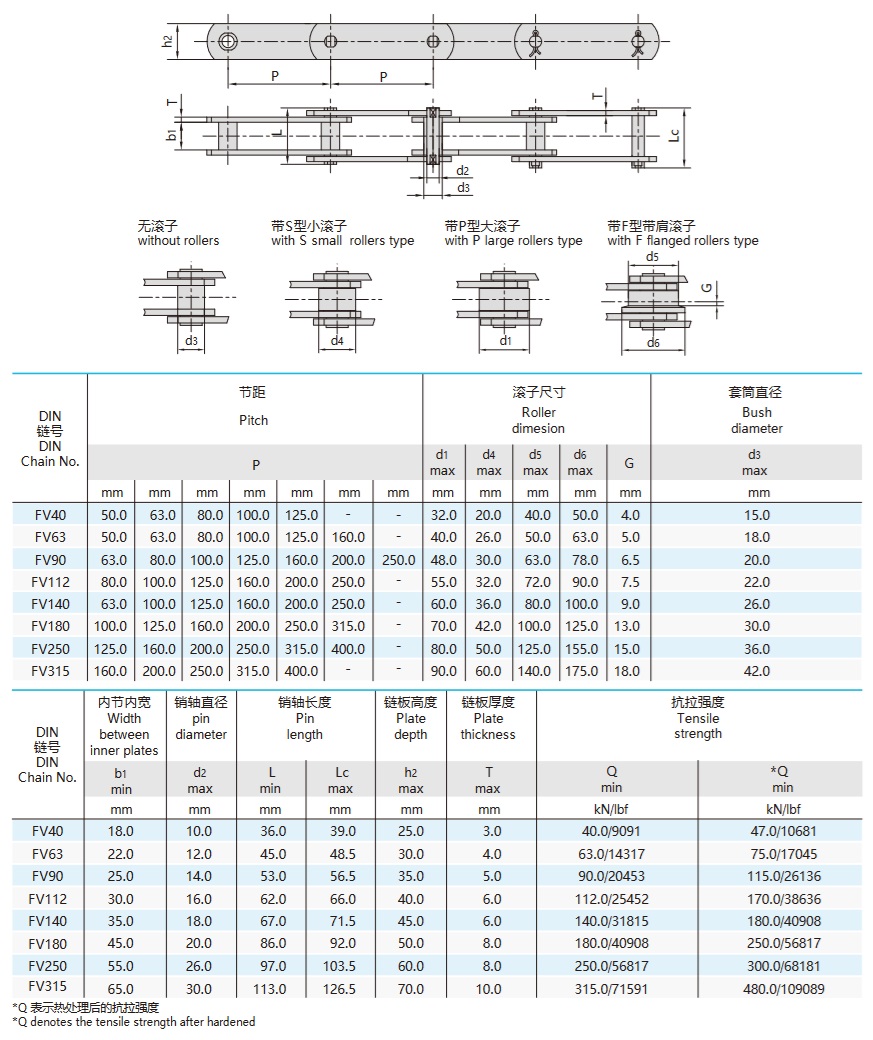 FV serie transportketting technische tabel